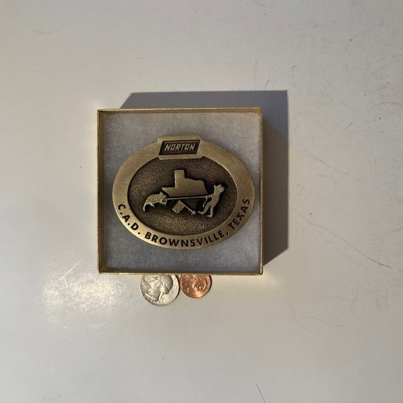 Vintage Metal Belt Buckle, Brass, Norton, C.A.D. Brownsville, Texas, Heavy Duty,